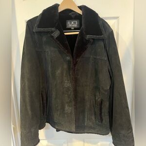 Utex Design Womens Black Suede Leather Coat Faux Fur Lined Size Large